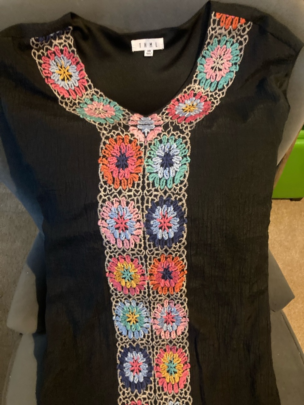 THML Black Mini Dress with Multicolor Crochet Floral Panels - Picture 2 of 8